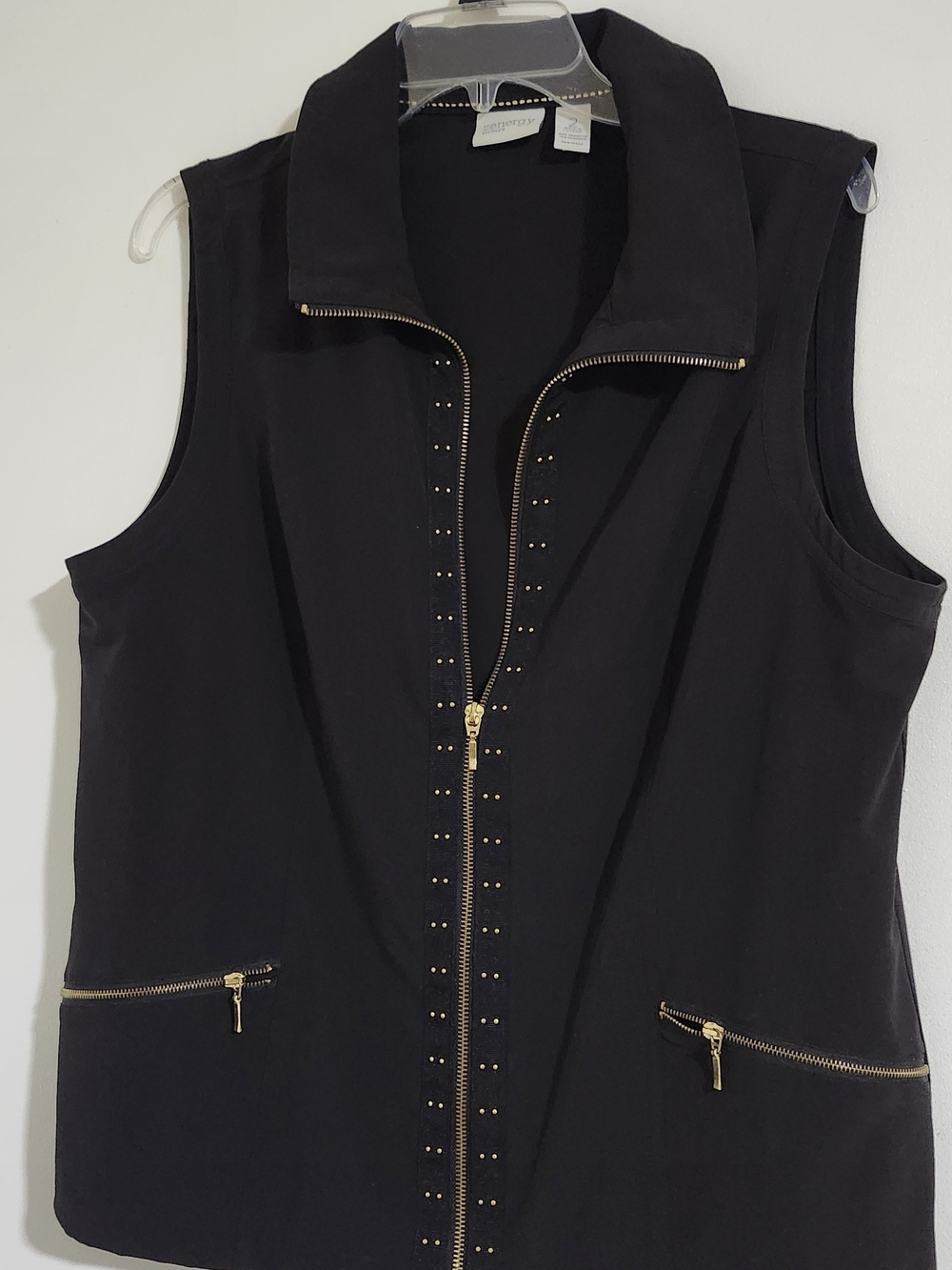 Black Sleeveless Zip-Front Vest with Gold Stud Detail